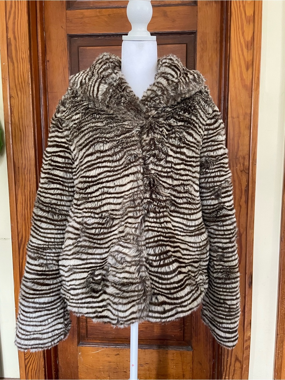 Striped Faux-Fur Teddy Jacket in Brown and Cream